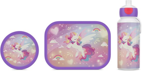 Mepal lunch set (pop-up bottle, lunch box & fruit box) Campus - 400 + 750 + 300 ml - Lunch box and drinking cup for children - Bento box - Pop-up drinking bottle - Unicorn Glow