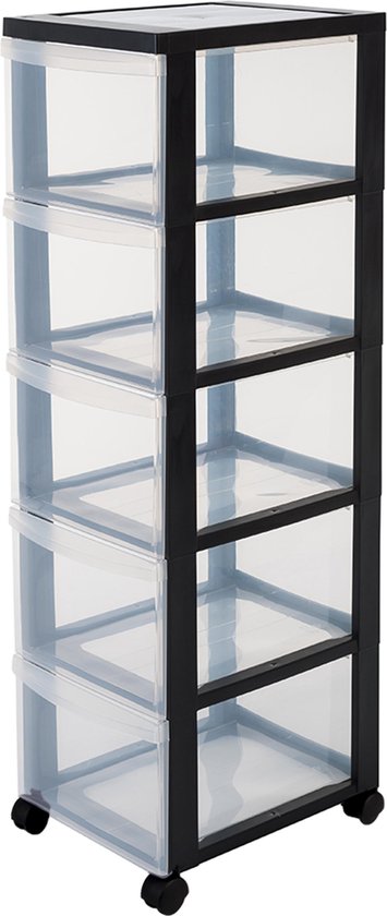 IRIS Design Chest drawer system - 5 deep drawers - plastique - noir/transparent - avec roulettes