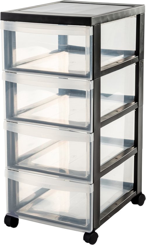 IRIS Design Chest of drawers - 4 half-deep drawers - 4x 11L - plastique - noir/transparent à roulettes