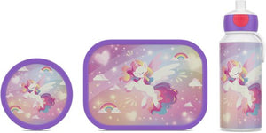 Mepal lunch set (pop-up bottle, lunch box & fruit box) Campus - 400 + 750 + 300 ml - Lunch box and drinking cup for children - Bento box - Pop-up drinking bottle - Unicorn Glow